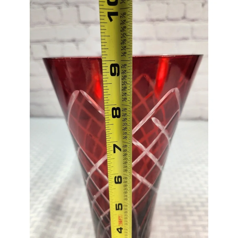 Ruby Red Bohemian Czech Cut to Clear Crystal Glass Vase Vibrant & Stunning!